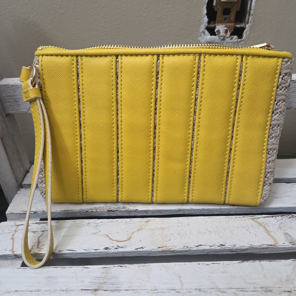 Simply Vera Vera Wang Yellow Striped Straw Wristlet Clutch Zip Top Lined Pockets